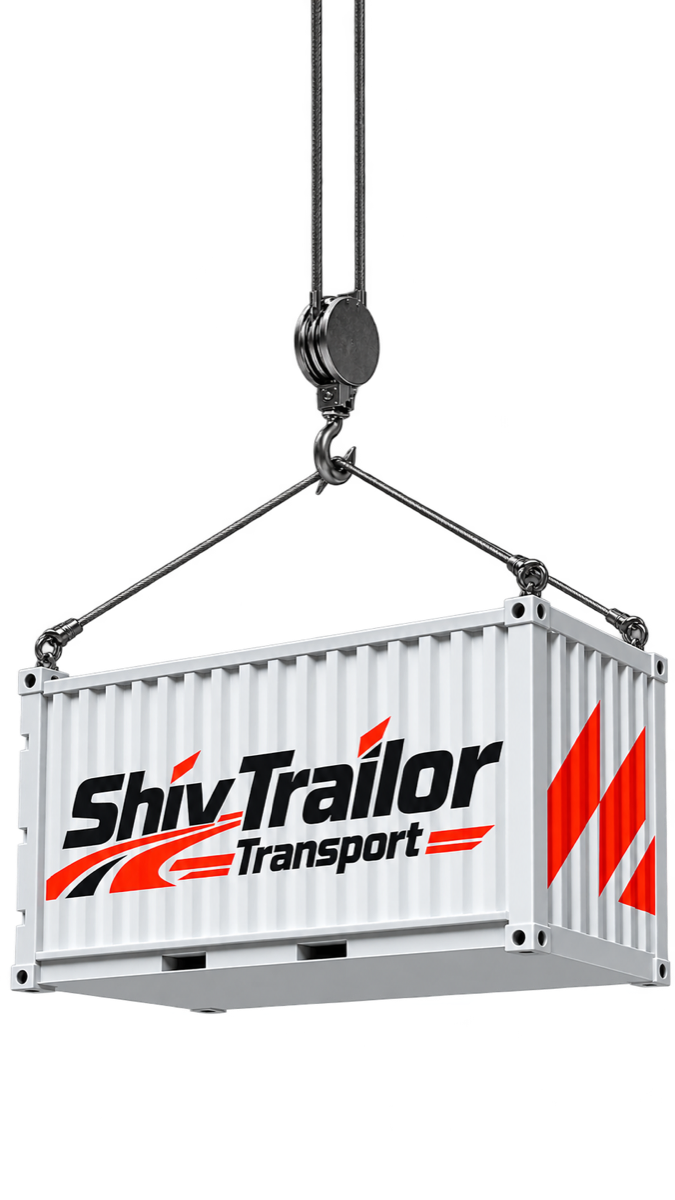 Shiv Trailor Transport container hanging from a crane hook on full-length cables